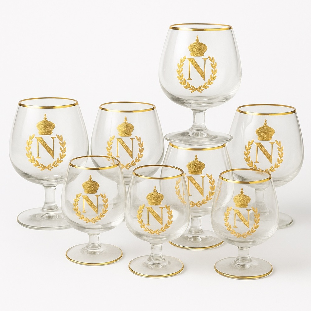 Vtg French “Baccarat” Napoleon Crystal Snifter Glasses Set of 7 Gold Crown